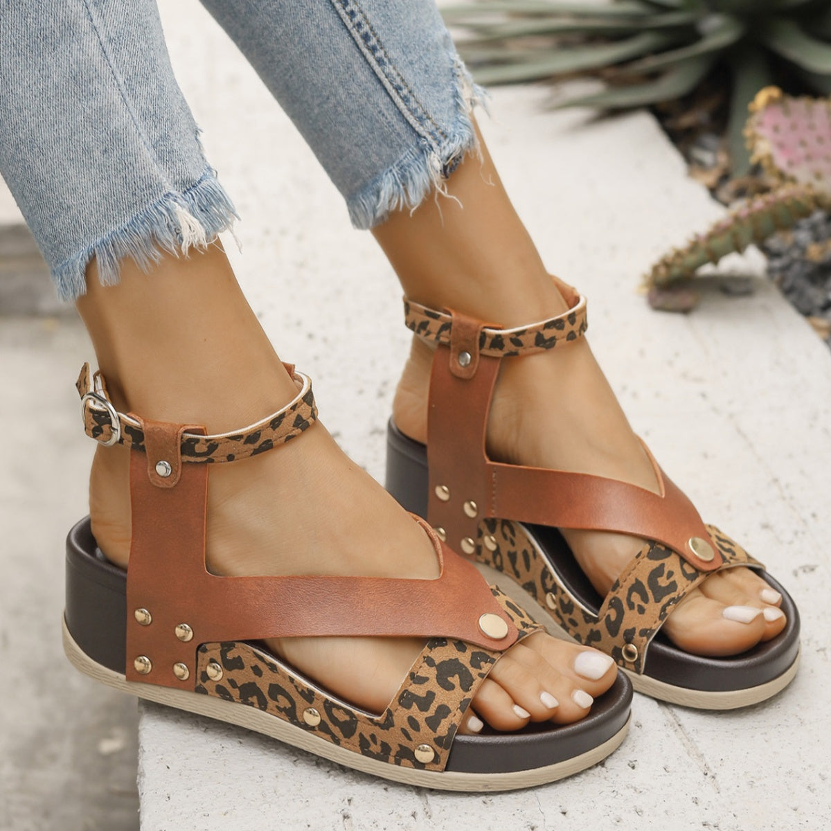 Leopard Ankle Strap Wedge Sandals