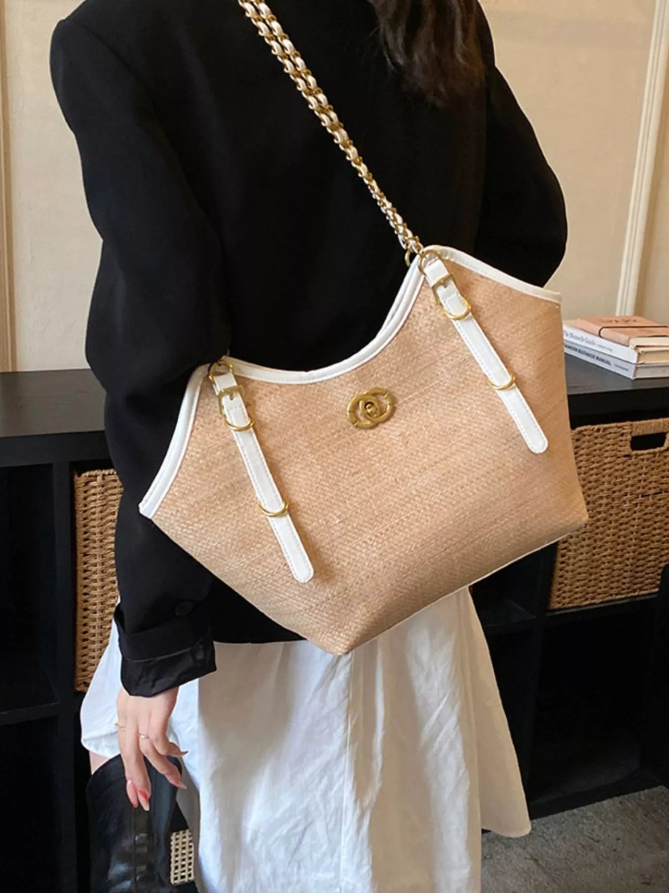 Contrast Trim Adjustable Strap Shoulder Bag