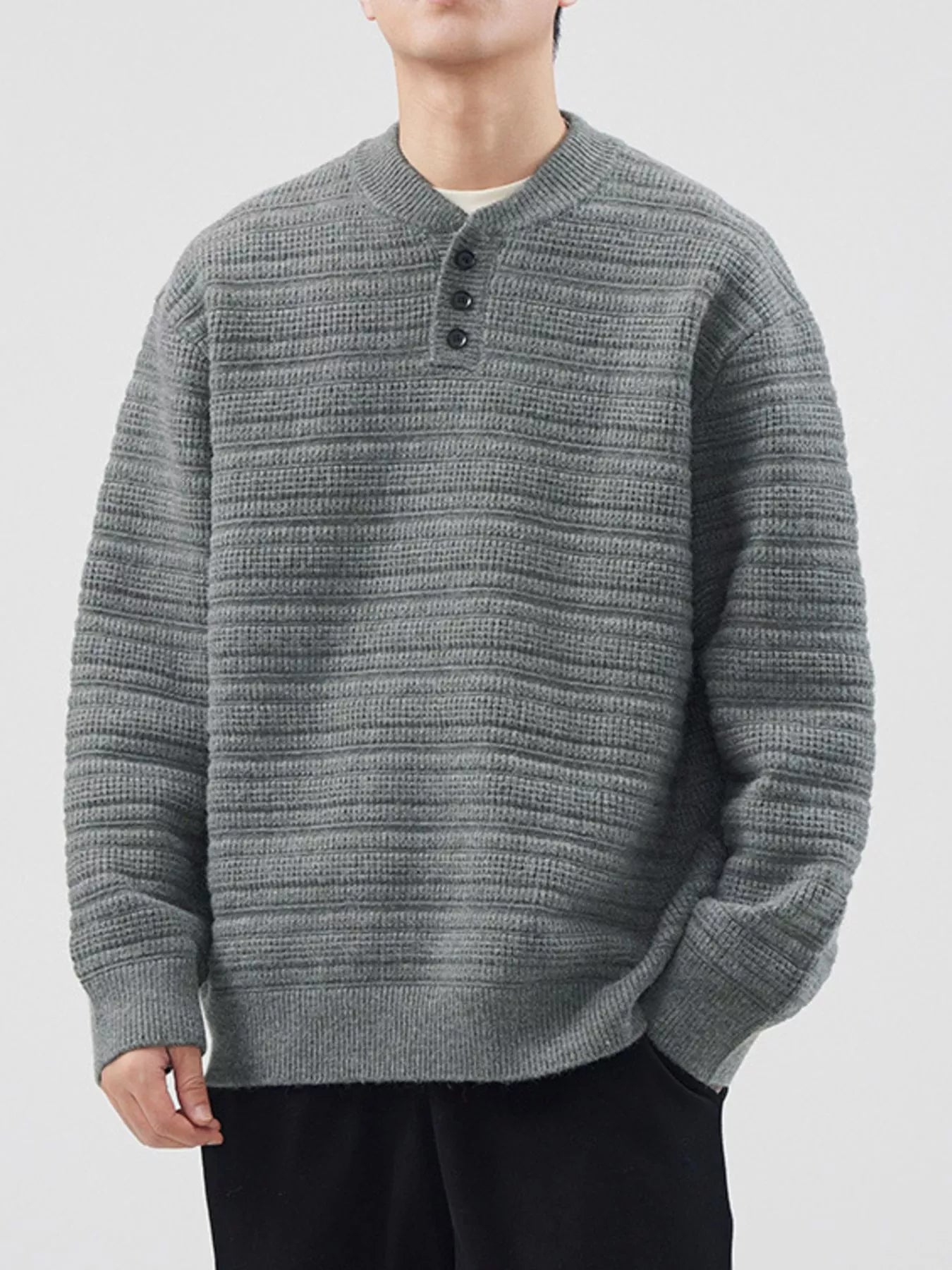 Men's Plus Size Button Detail Long Sleeve Sweater