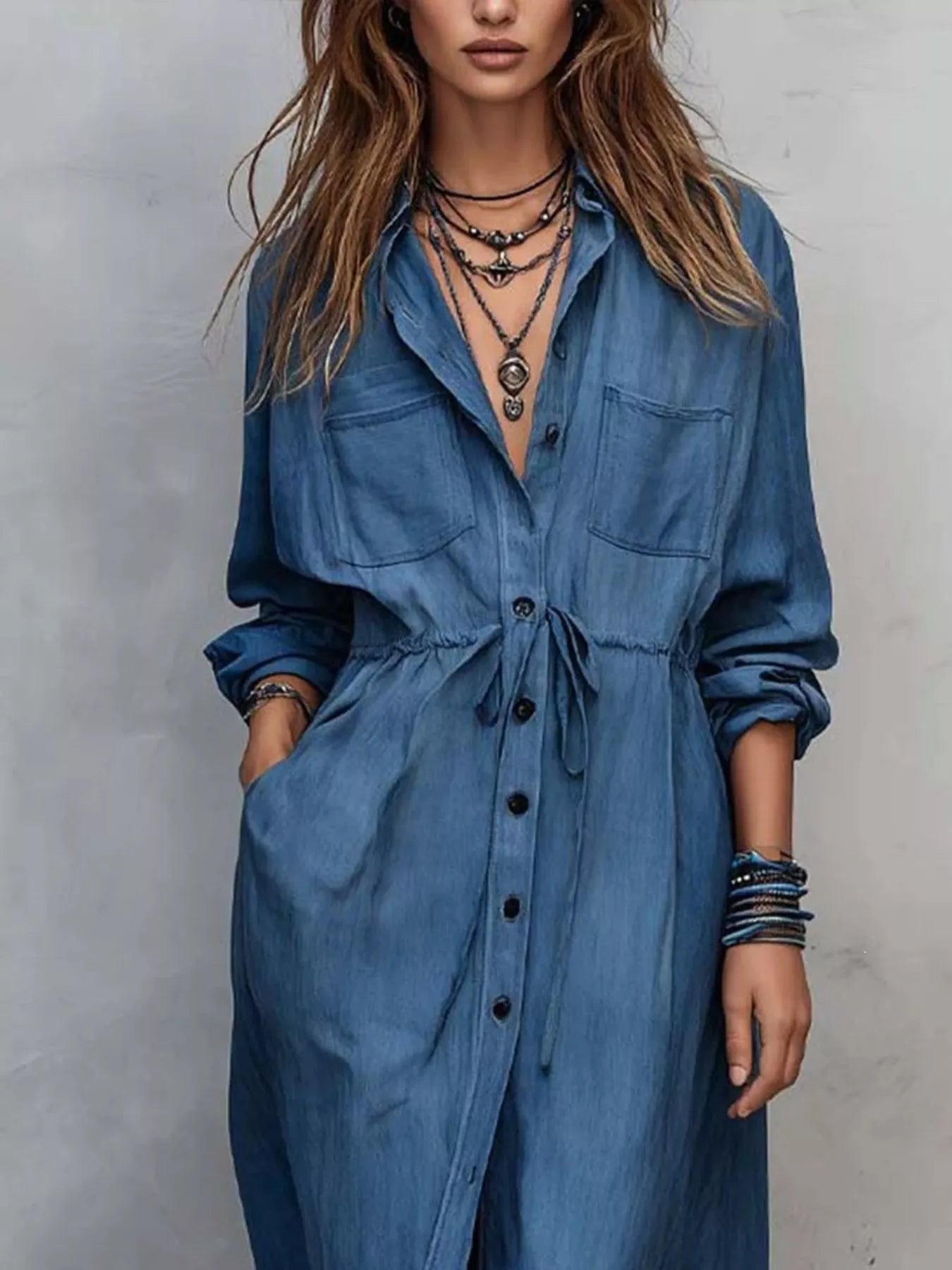 Full Size Button Front Long Sleeve Shirt Dress Plus Size