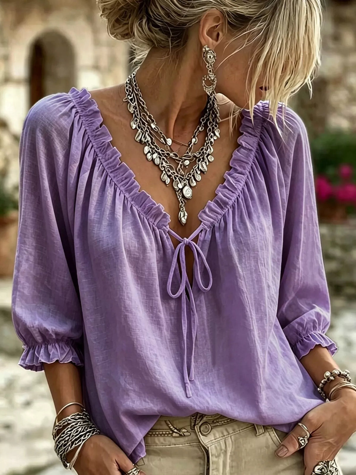 Frill Tie Neck 3/4 Sleeve Blouse