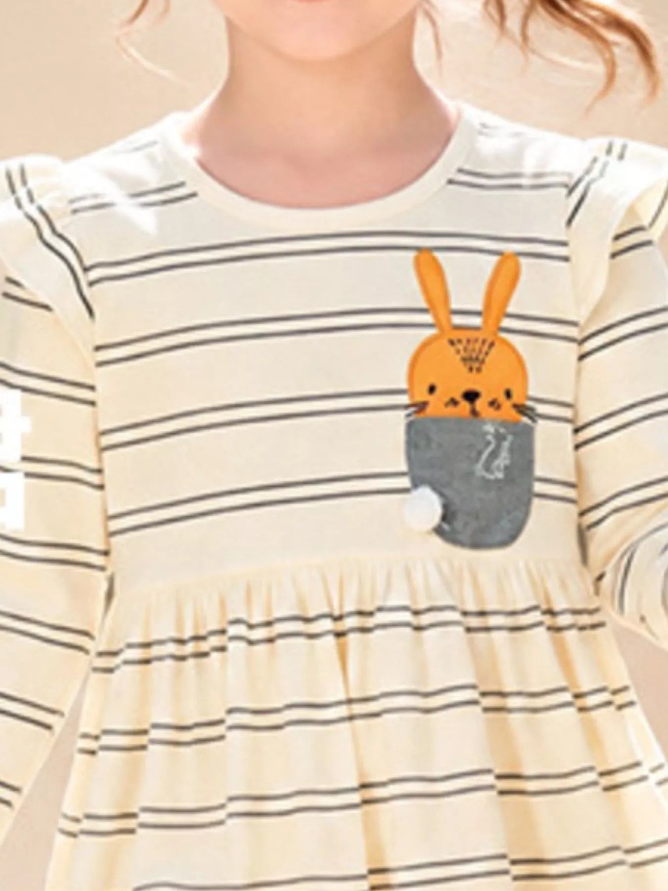 Children's Striped Long-Sleeve Dress with Rabbit Pocket Detail