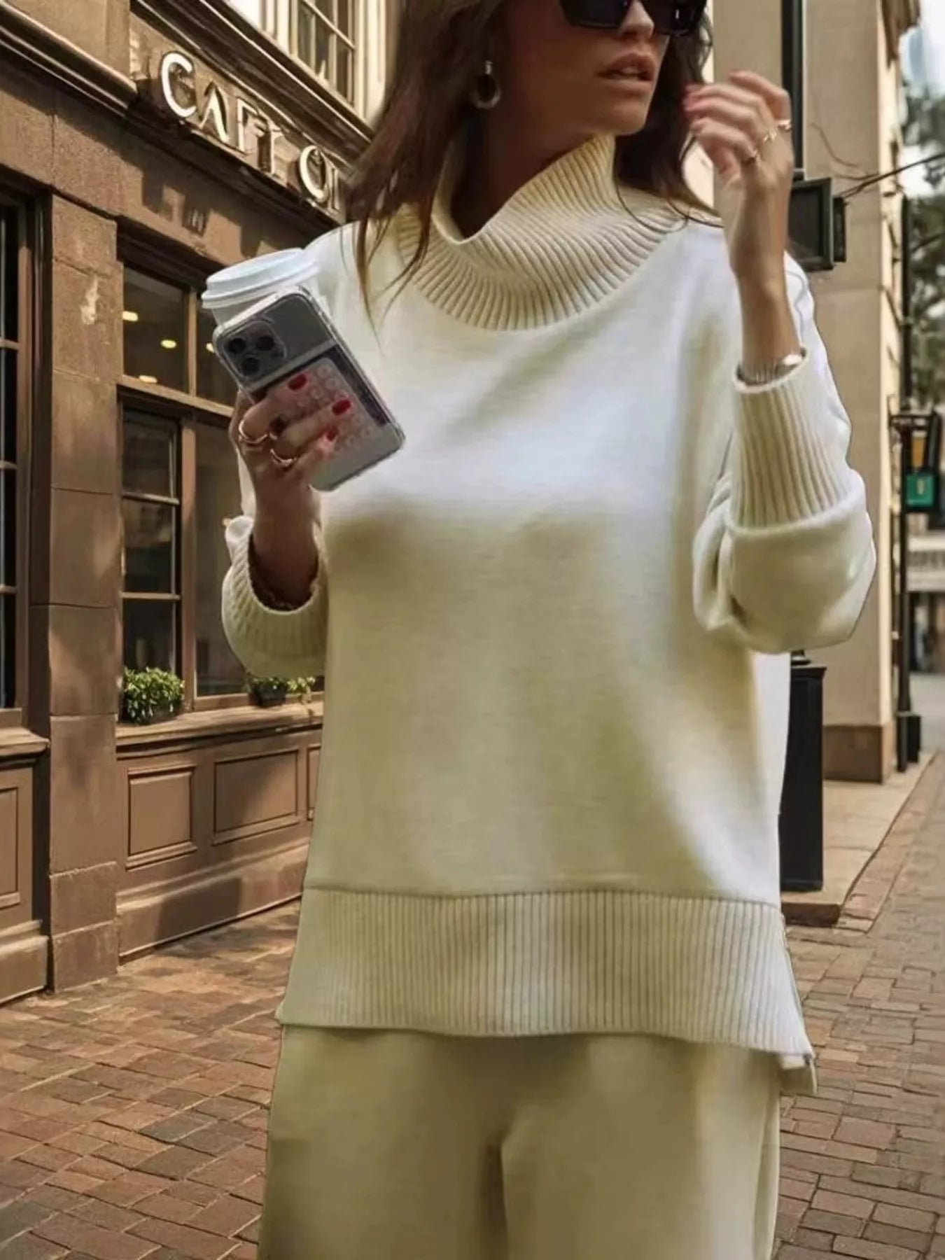 Turtleneck Dropped Shoulder Top and Pants Set