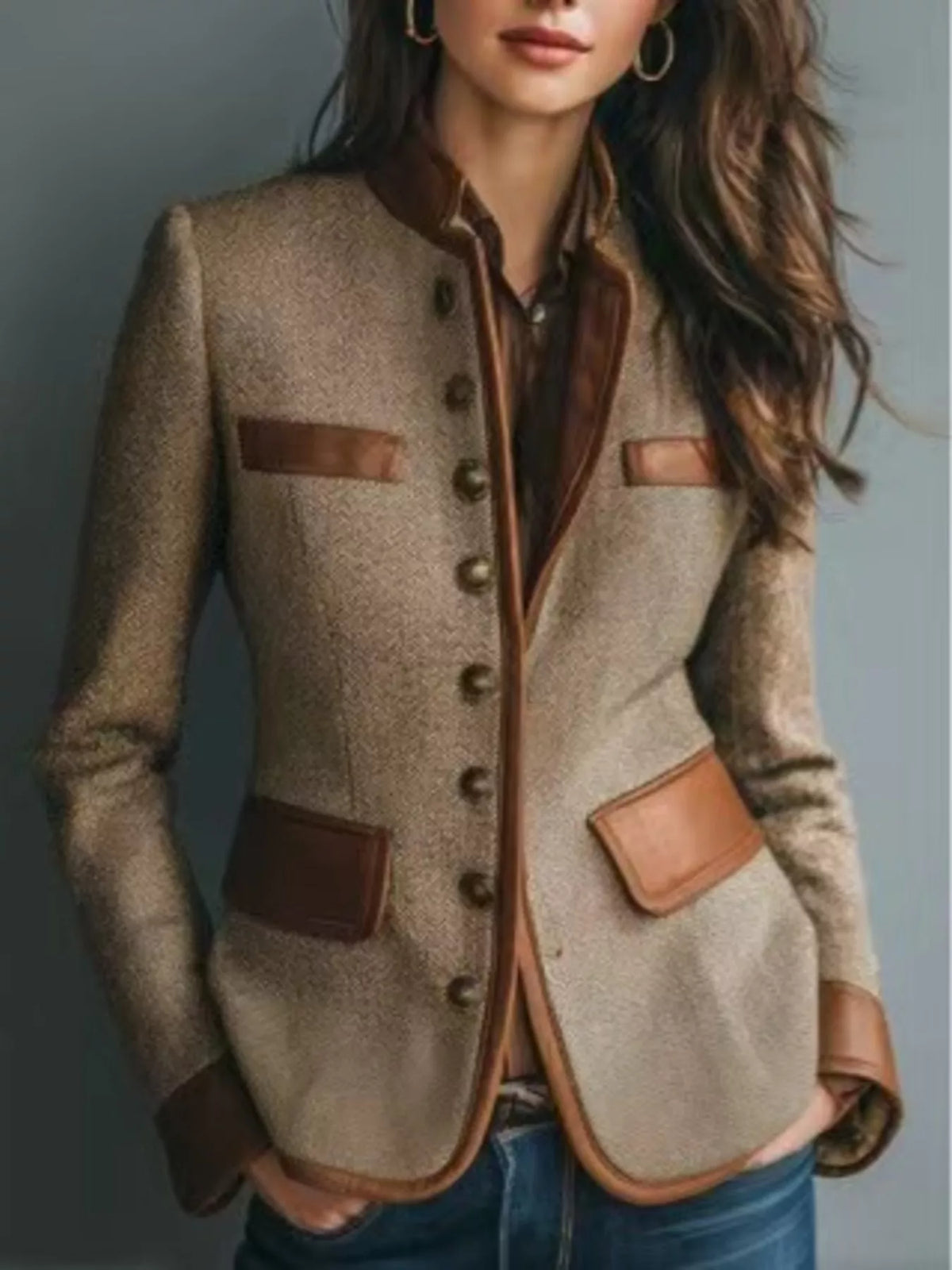 Full Size Contrast Trim Tweed Outerwear Plus Size