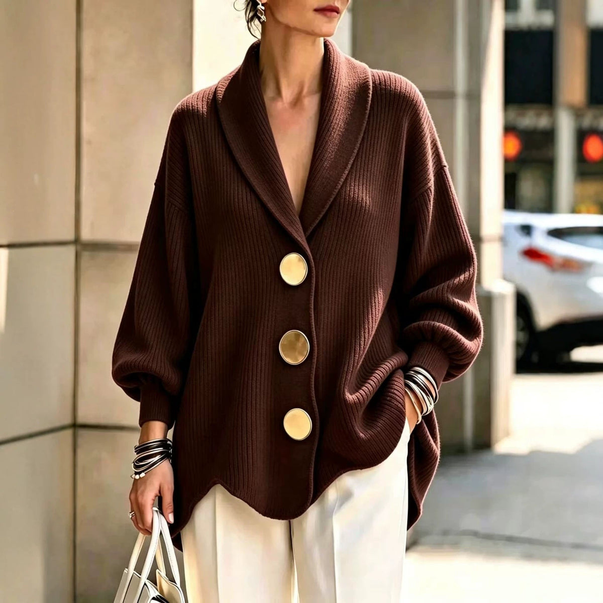 Women's Corduroy Long-Sleeve Top with Metal Buttons