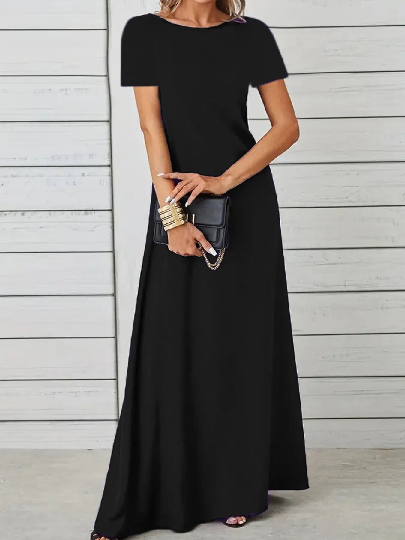 Full Size Round Neck Short Sleeve A-Line Maxi Dress Plus Size
