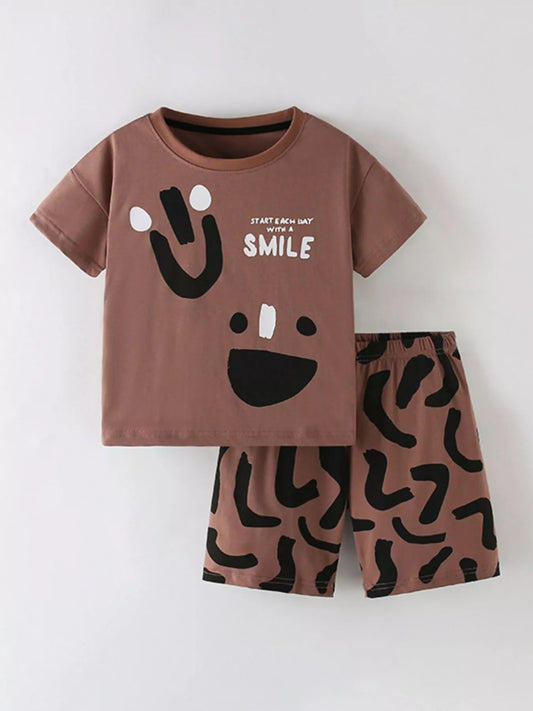 Children's Smile Print Tee and Shorts Casual Set