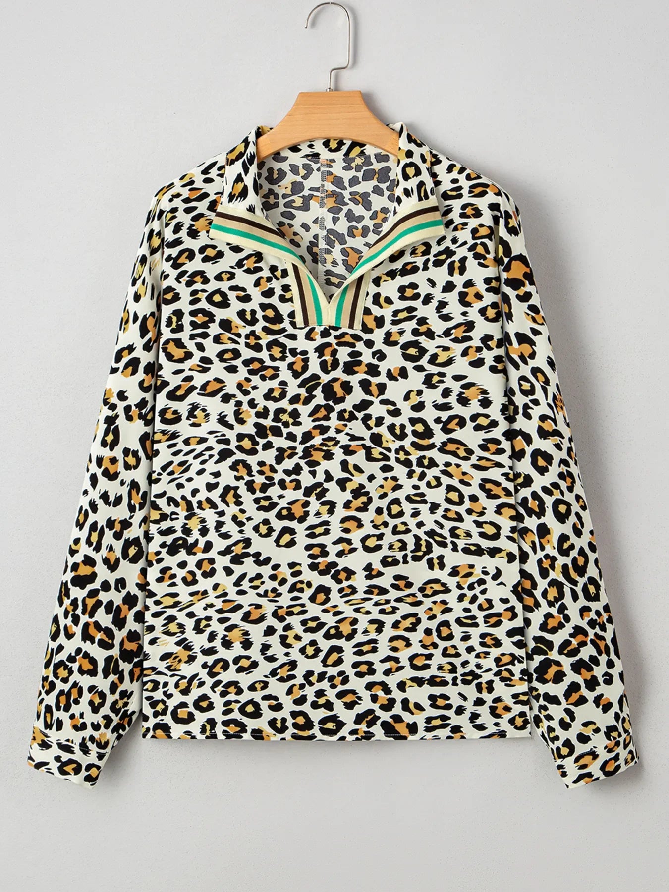 Leopard Print Contrast Striped V Neck Blouse