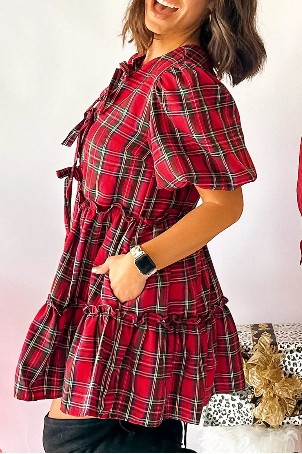 Plaid Knot Neck Short Sleeve Mini Shift Dress