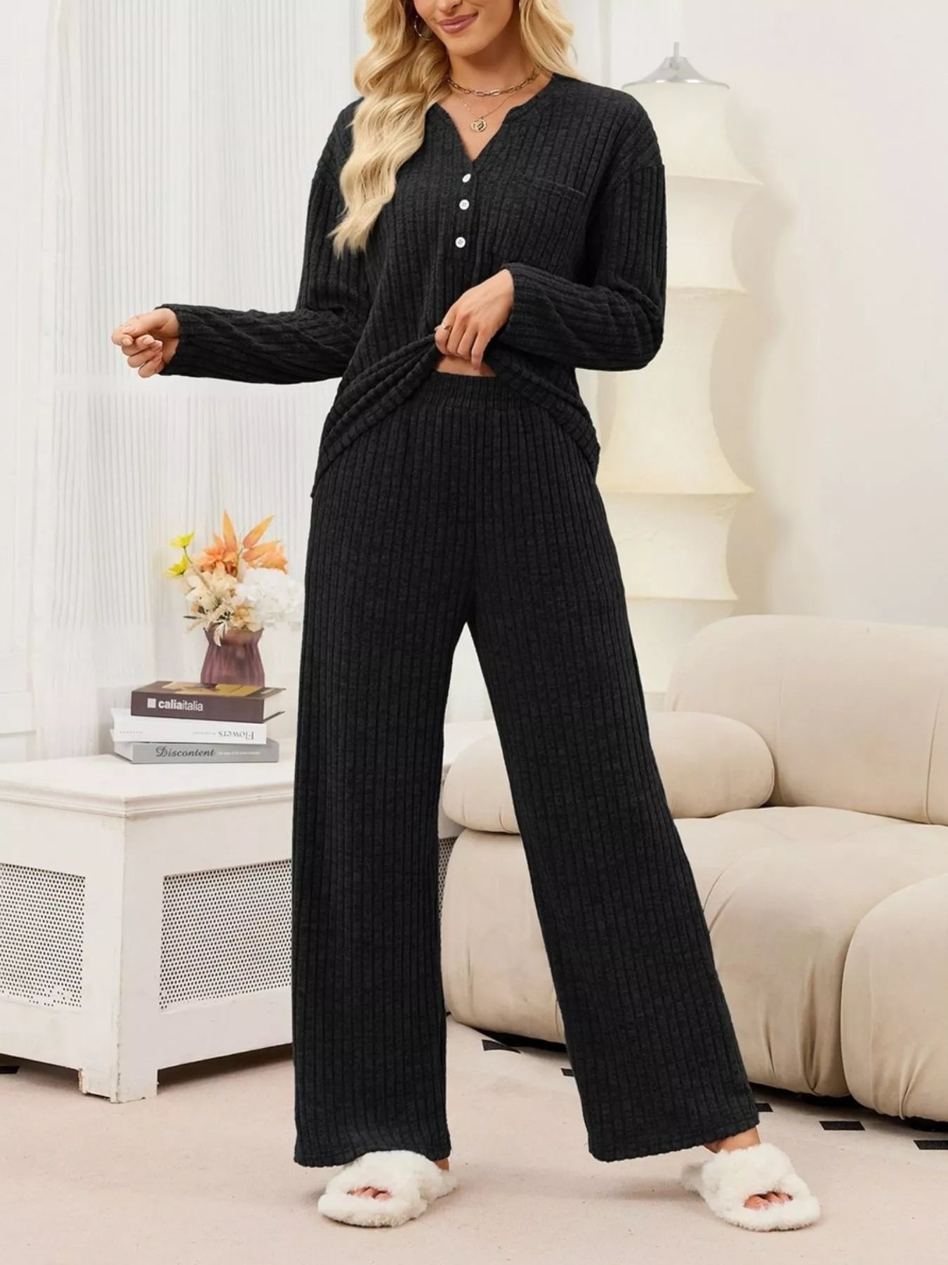 Ribbed Knit Top and Wide-Leg Pants Set