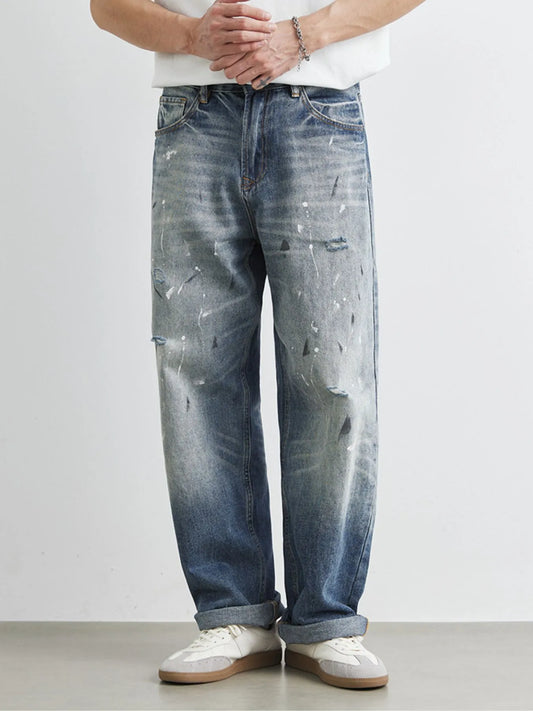 Men's Distressed Paint Splatter Relaxed Fit Jeans