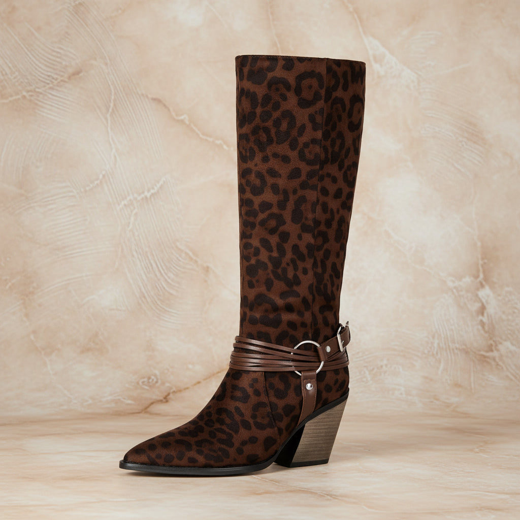Women's Leopard Print Knee-High Western Boots | Chunky Heel & Harness Buckle