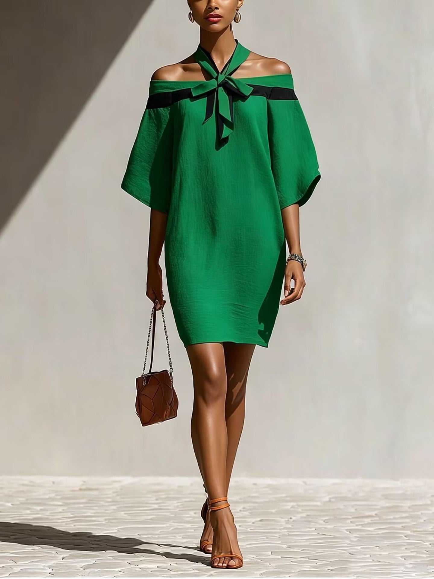 One Shoulder Bow Collar A-Line Dress – Short Sleeve Mini