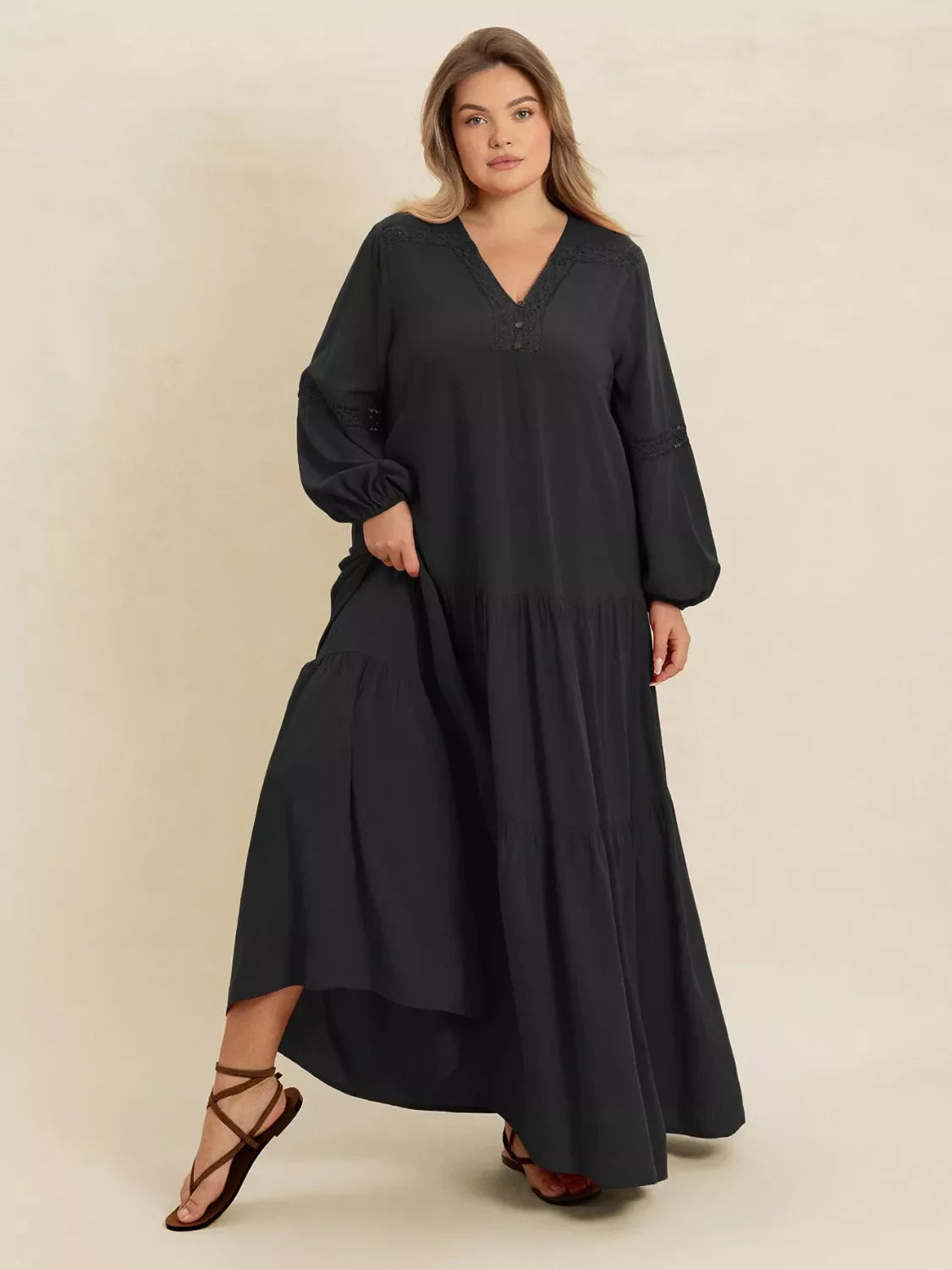 Plus Size Bohemian Tiered Maxi Dress with Balloon Sleeves