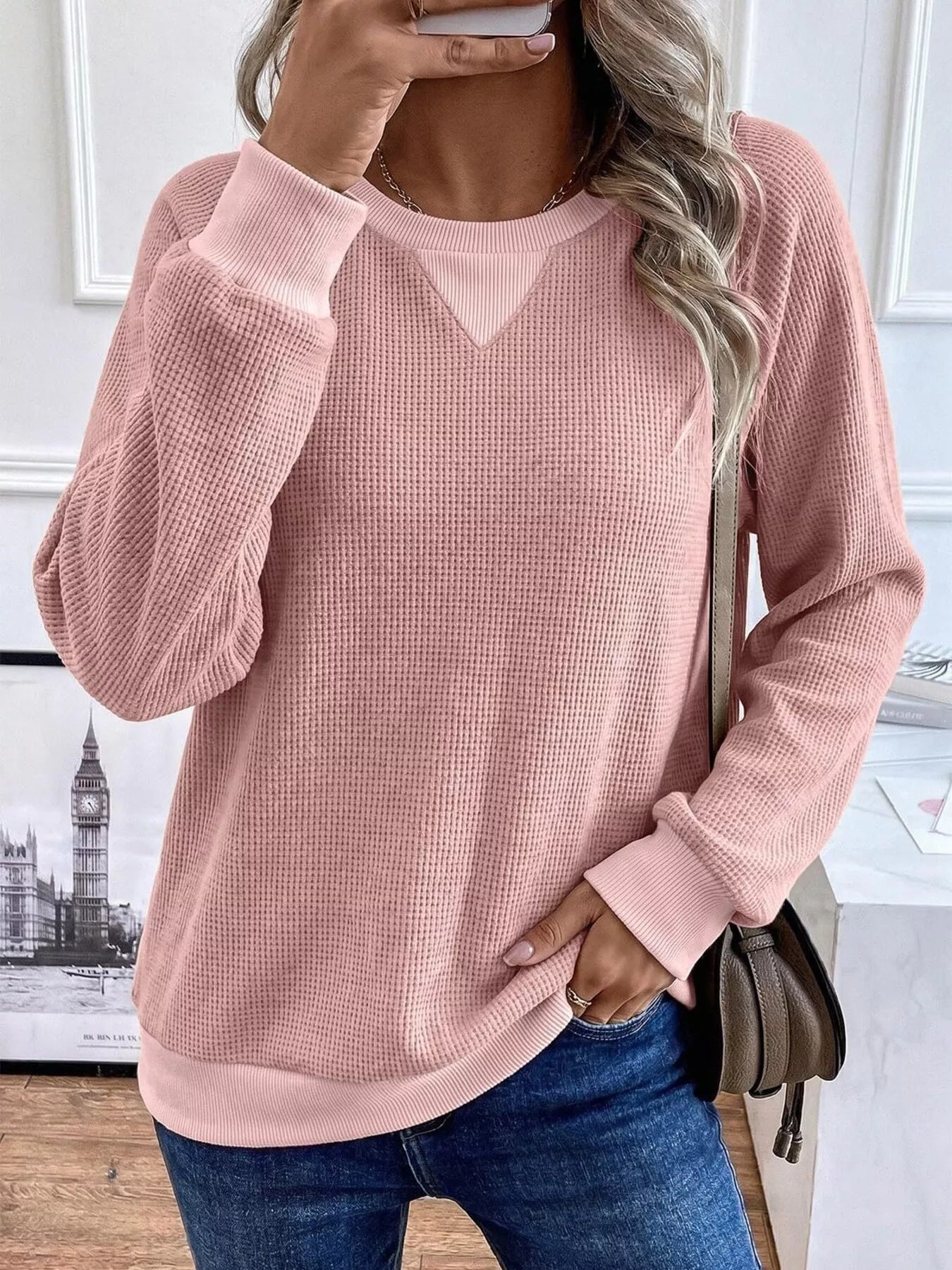 Waffle Knit Crew Neck Long Sleeve Sweatshirt