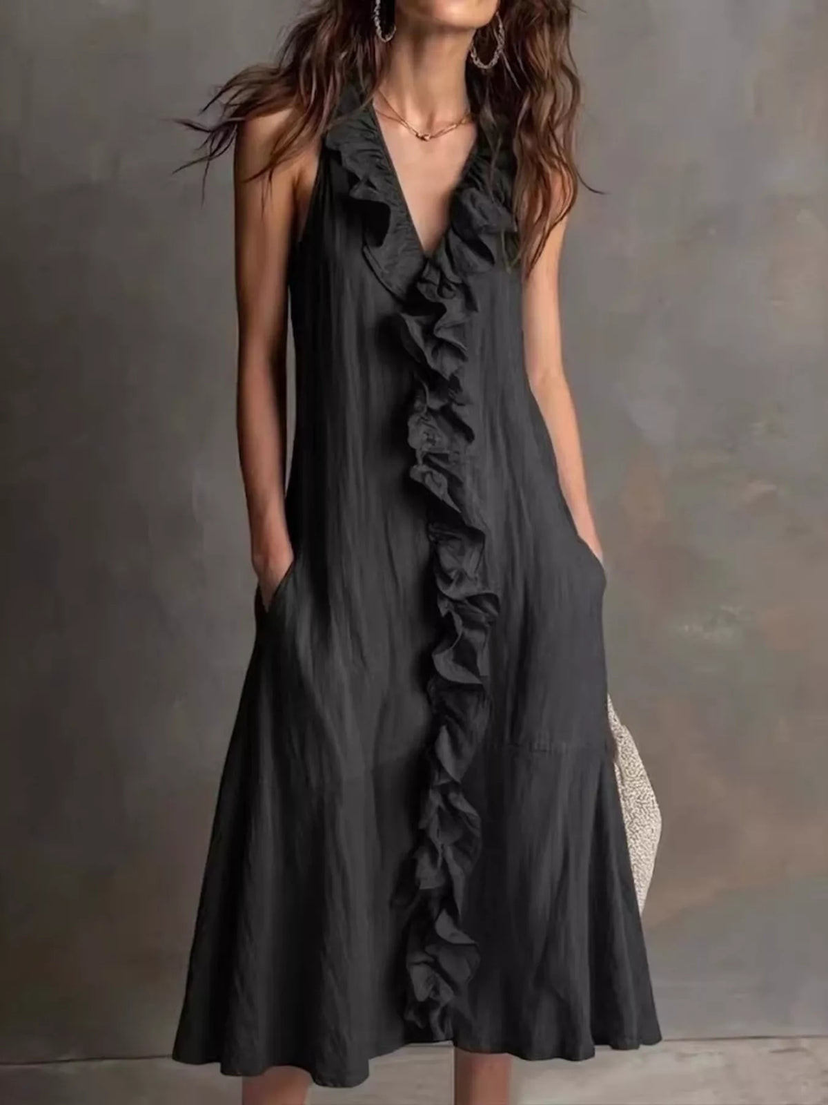 Sleeveless Ruffle Trim V-Neck Midi Dress