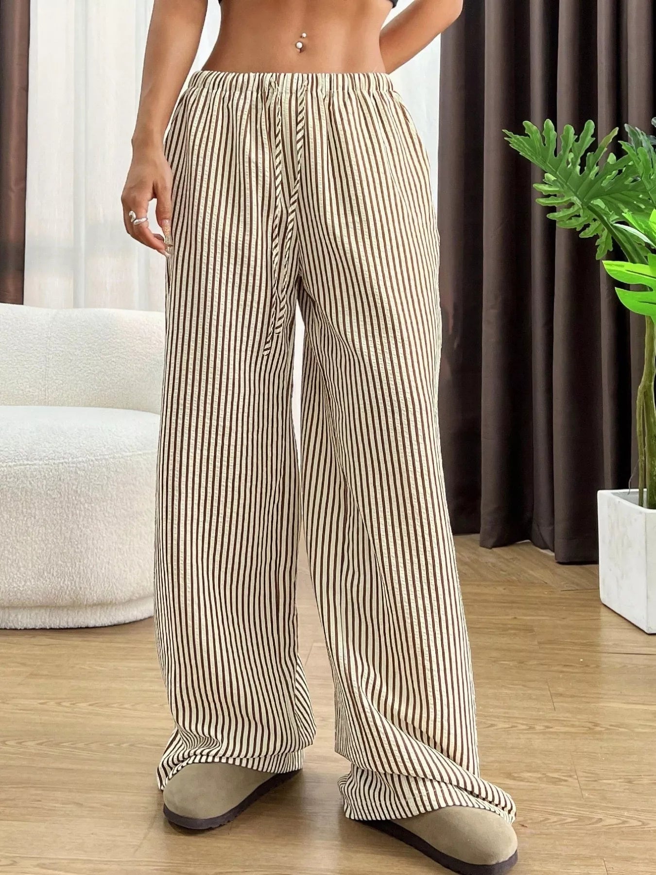 Full Size Striped Drawstring Waist Wide Leg Pants Plus Size