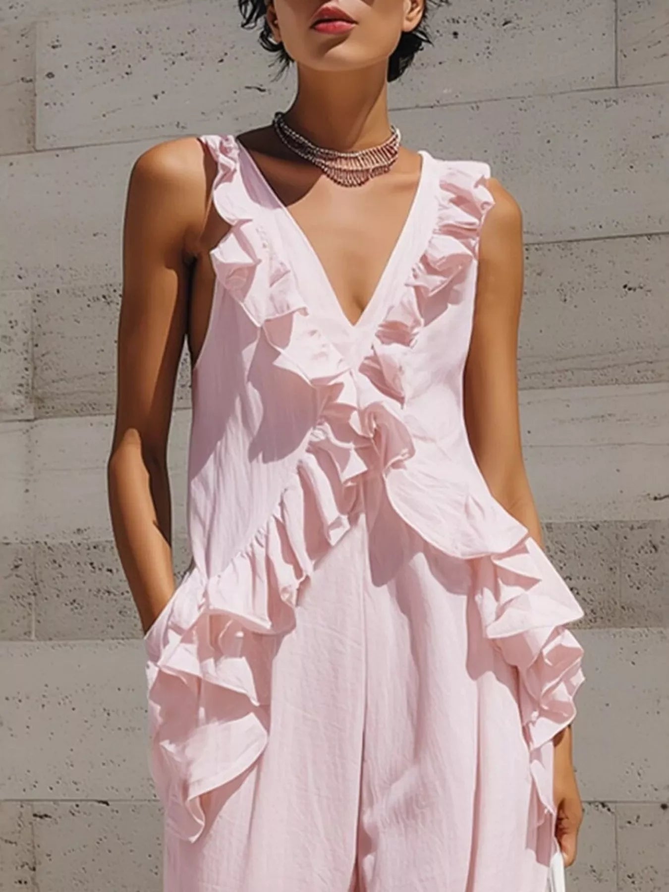 Ruffled V-Neck Sleeveless Jumpsuit