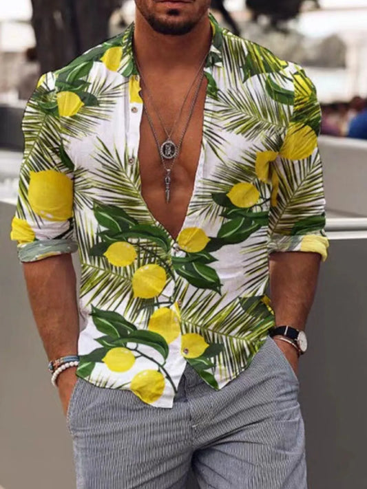 Men's Full Size  Lemon Print Button Up Shirt Plus Size