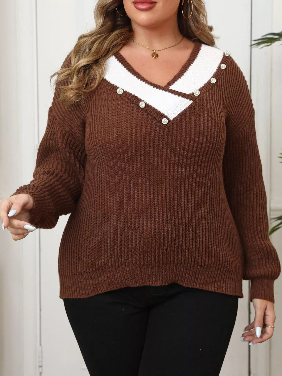 Plus Size Contrast Trim Button-Decorated Sweater