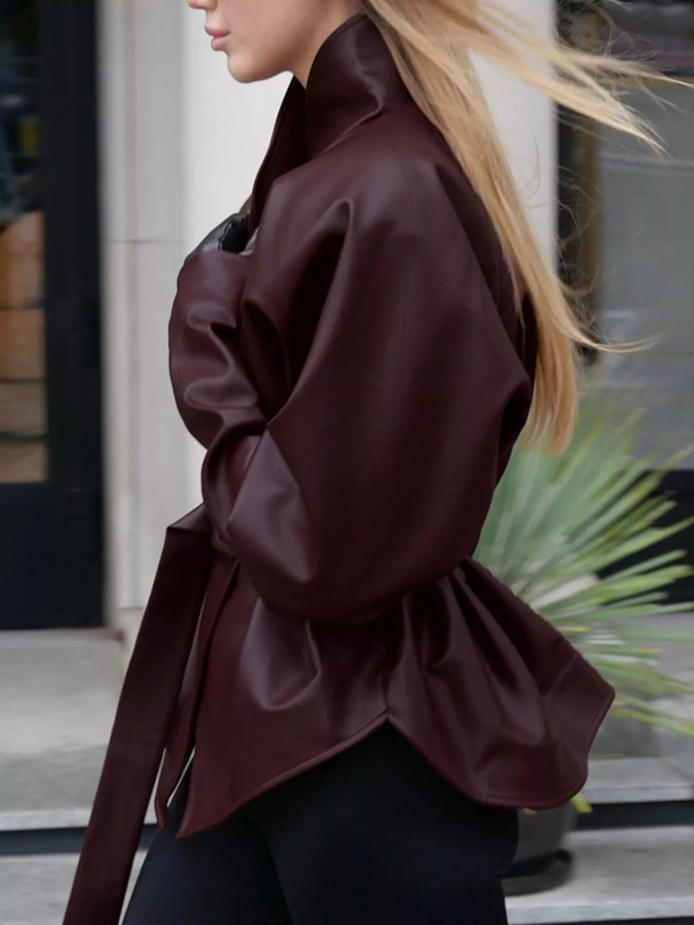 Stand Collar Belted Faux Leather Jacket