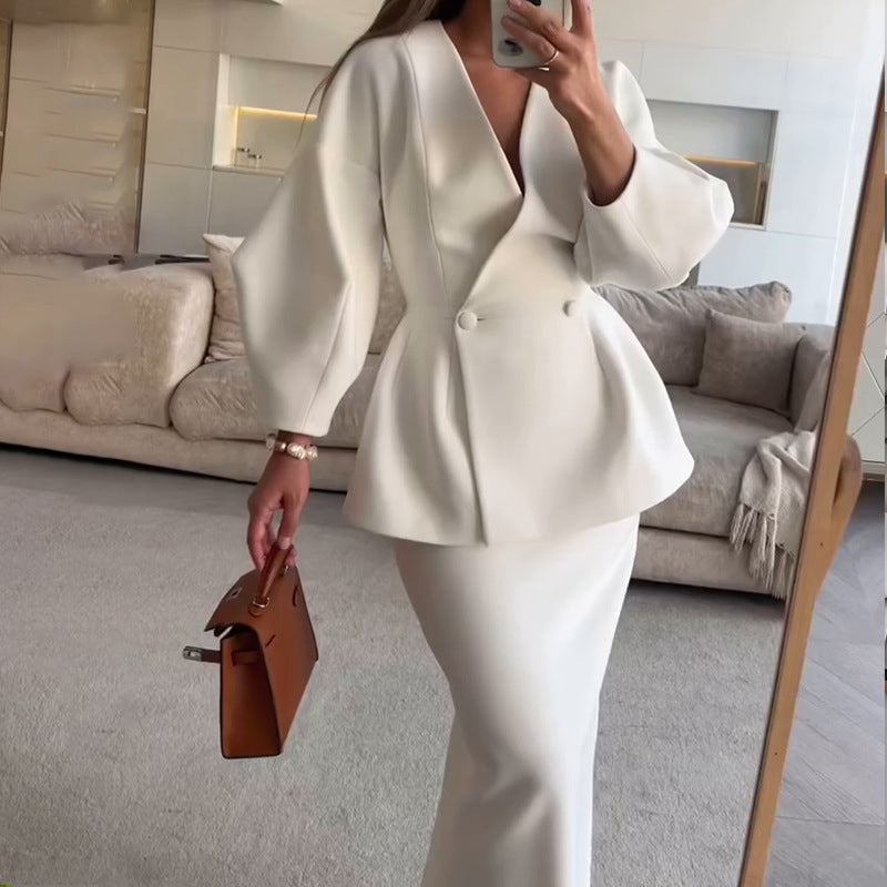 Women's Solid Color 2-Piece Set, Button Bubble Sleeve Jacket & Maxi Skirt, Office To Party Outfit