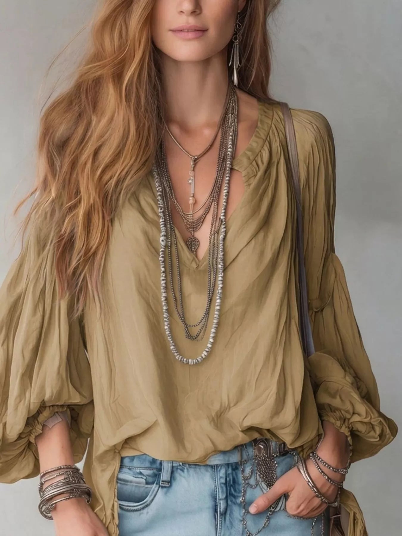 Notched Balloon Sleeve Blouse
