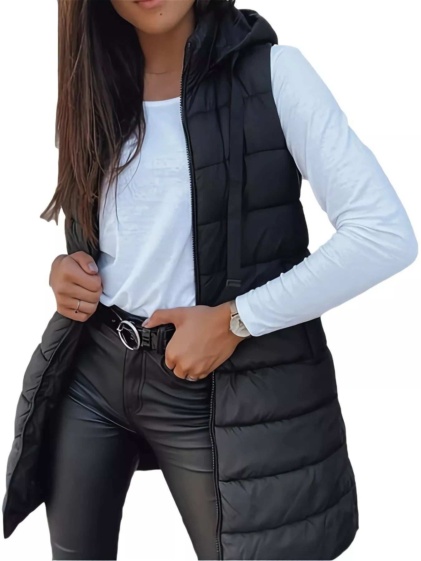 Zip Up Longline Hooded Puffer Vest Coat
