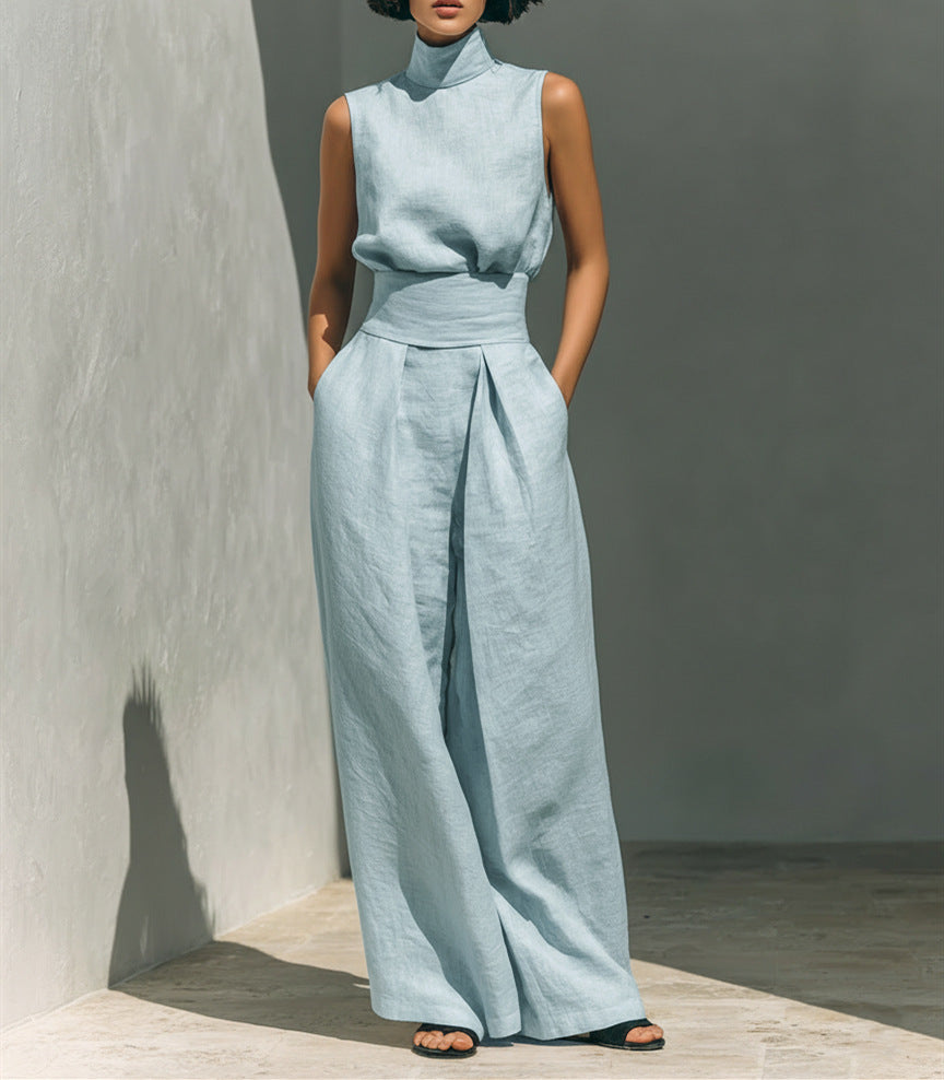 Casual Sleeveless Suit Summer Stand-up Collar Pullover Top And Loose Straight-leg Trousers Women's Clothing (see size chart under more details)