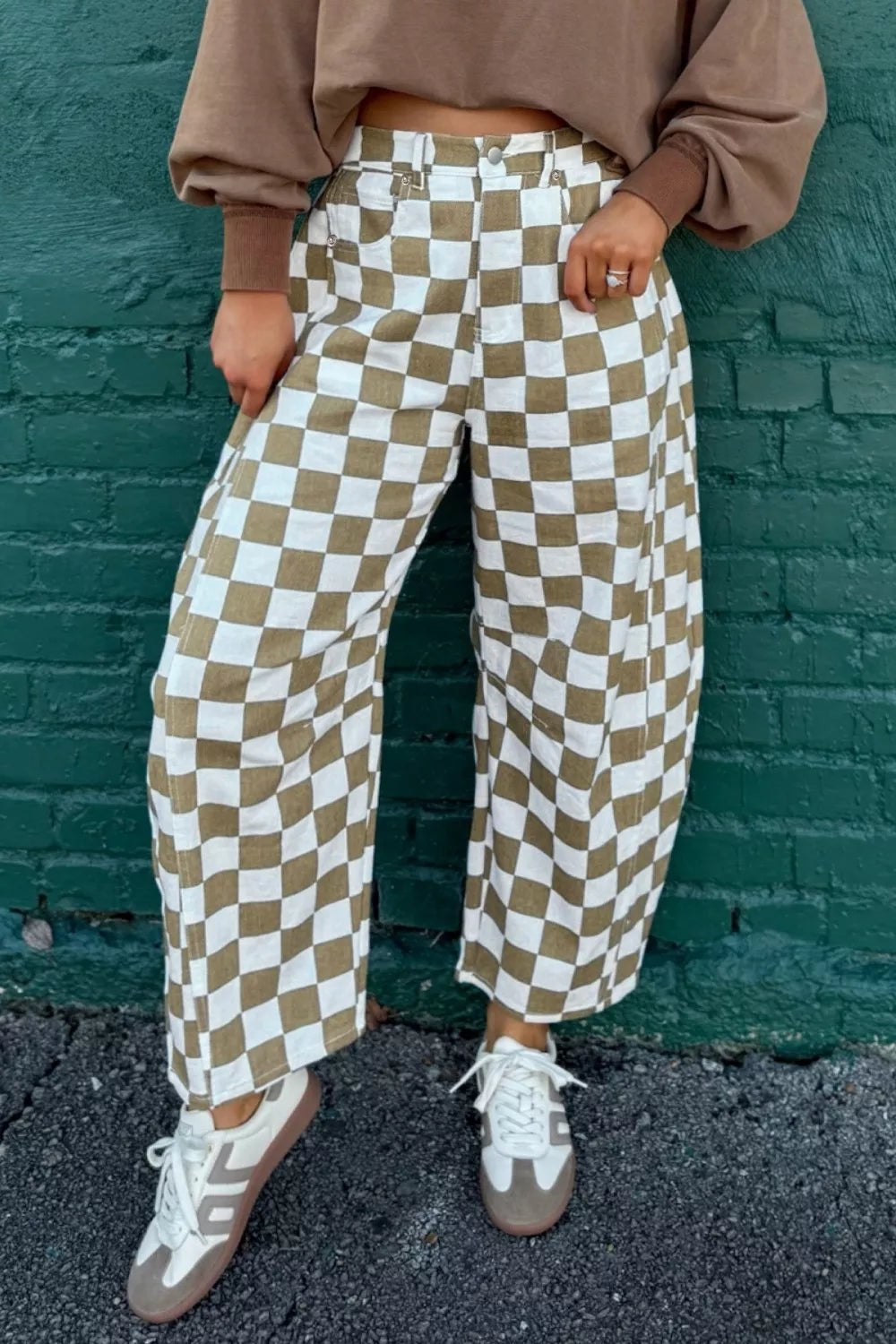 Checkered Print Denim Barrel Pants