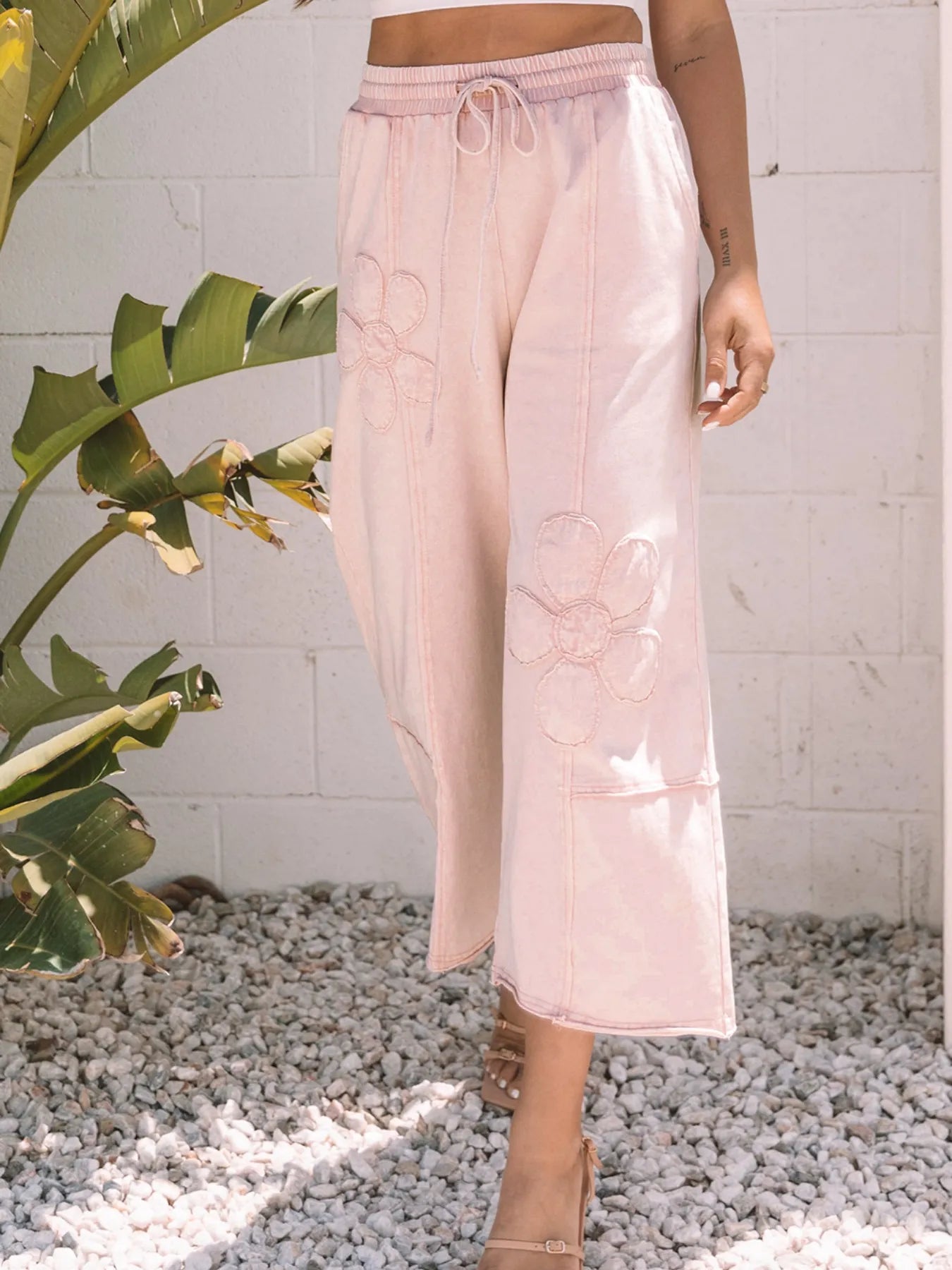 Floral Wide Leg Crop Pants with Drawstring Waistband