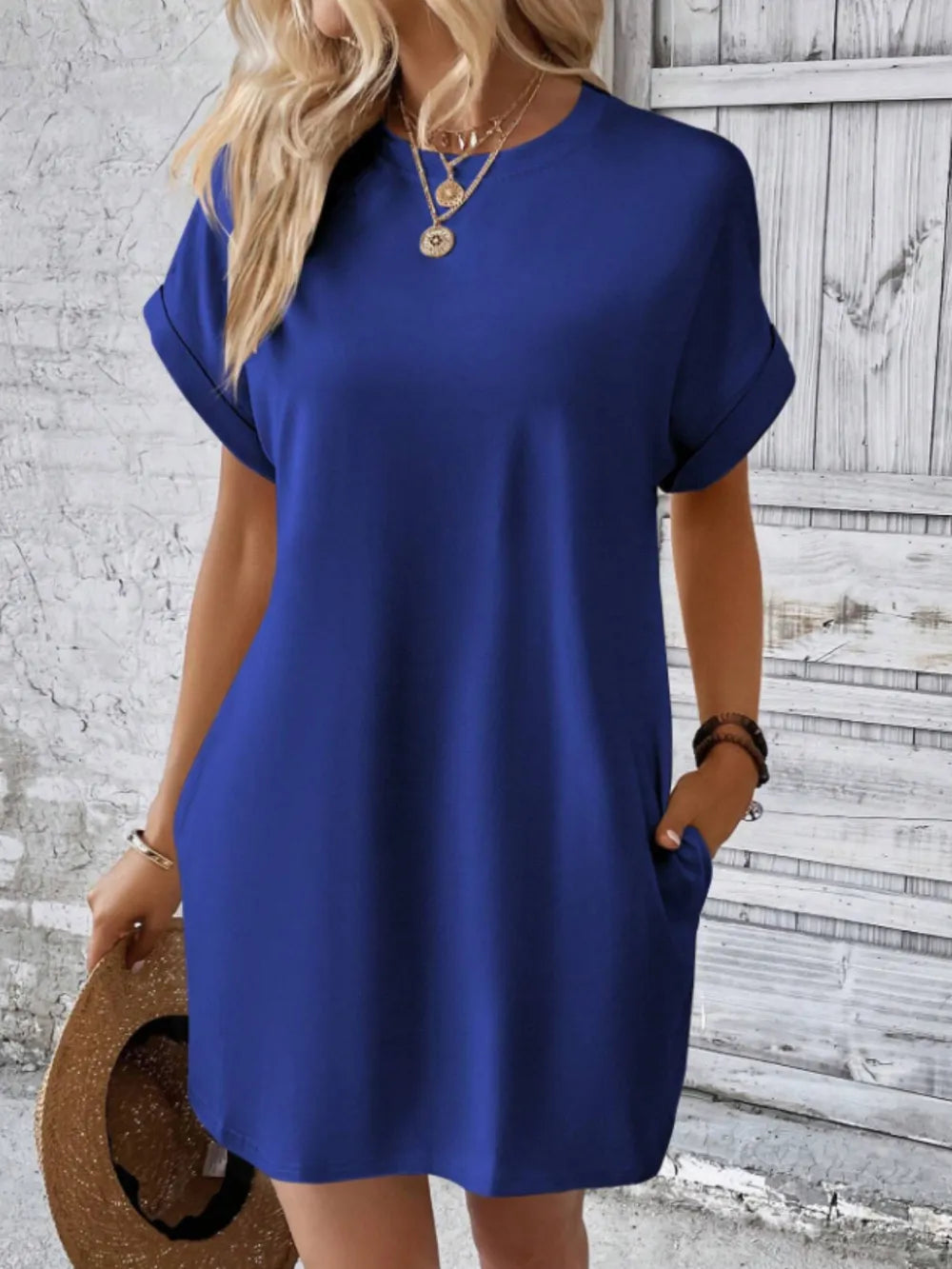 Round Neck Short Sleeve Mini Tee Dress with Pockets