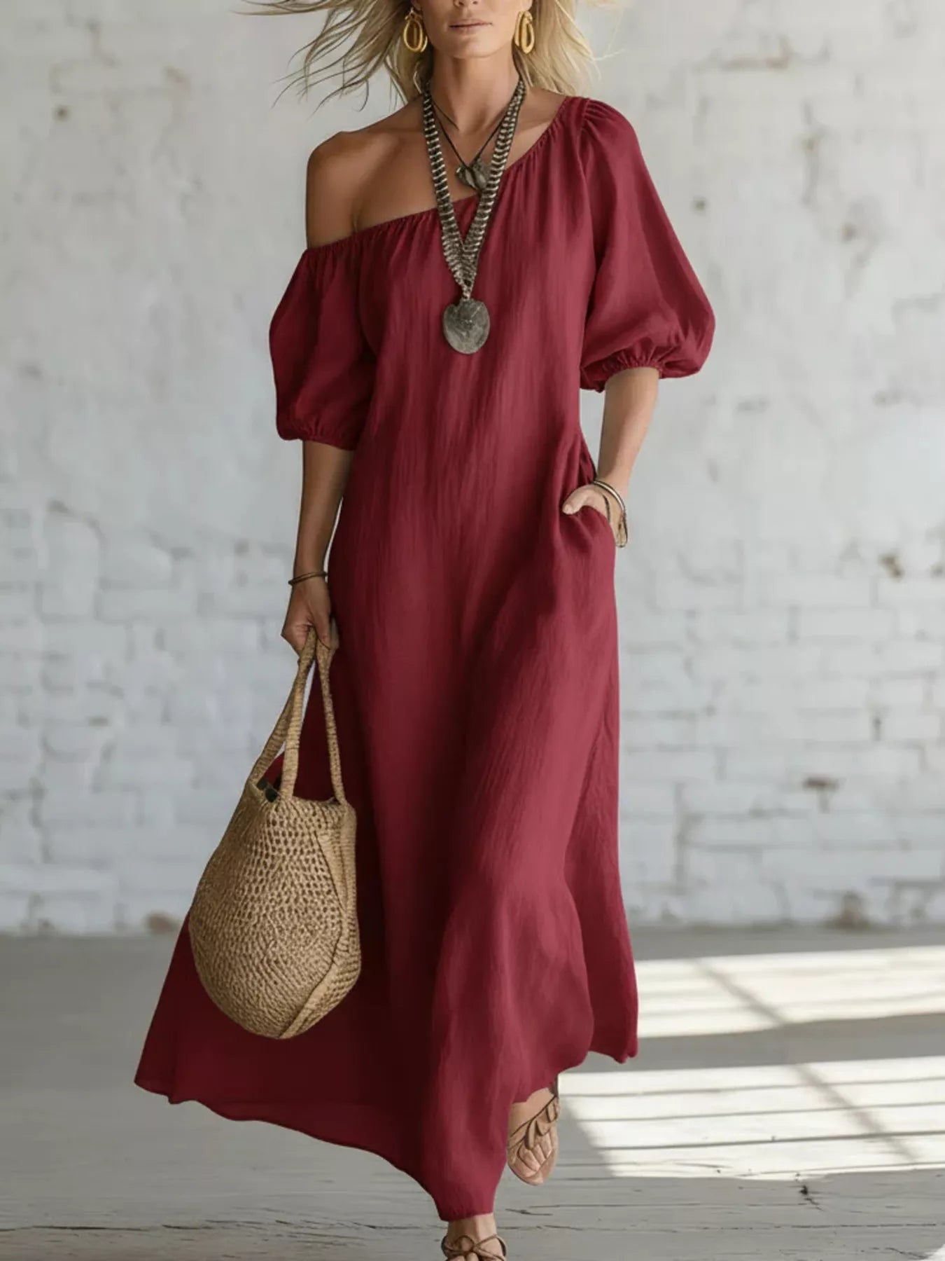 One-Shoulder Puff Sleeve Maxi Dress