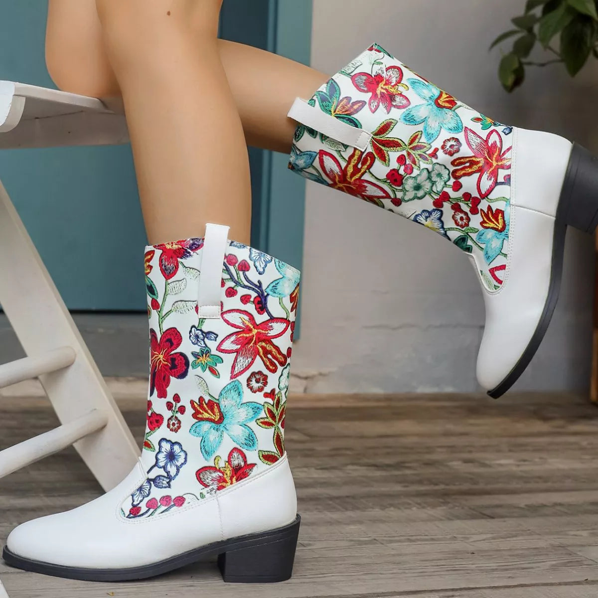 Floral Block Heel Boots
