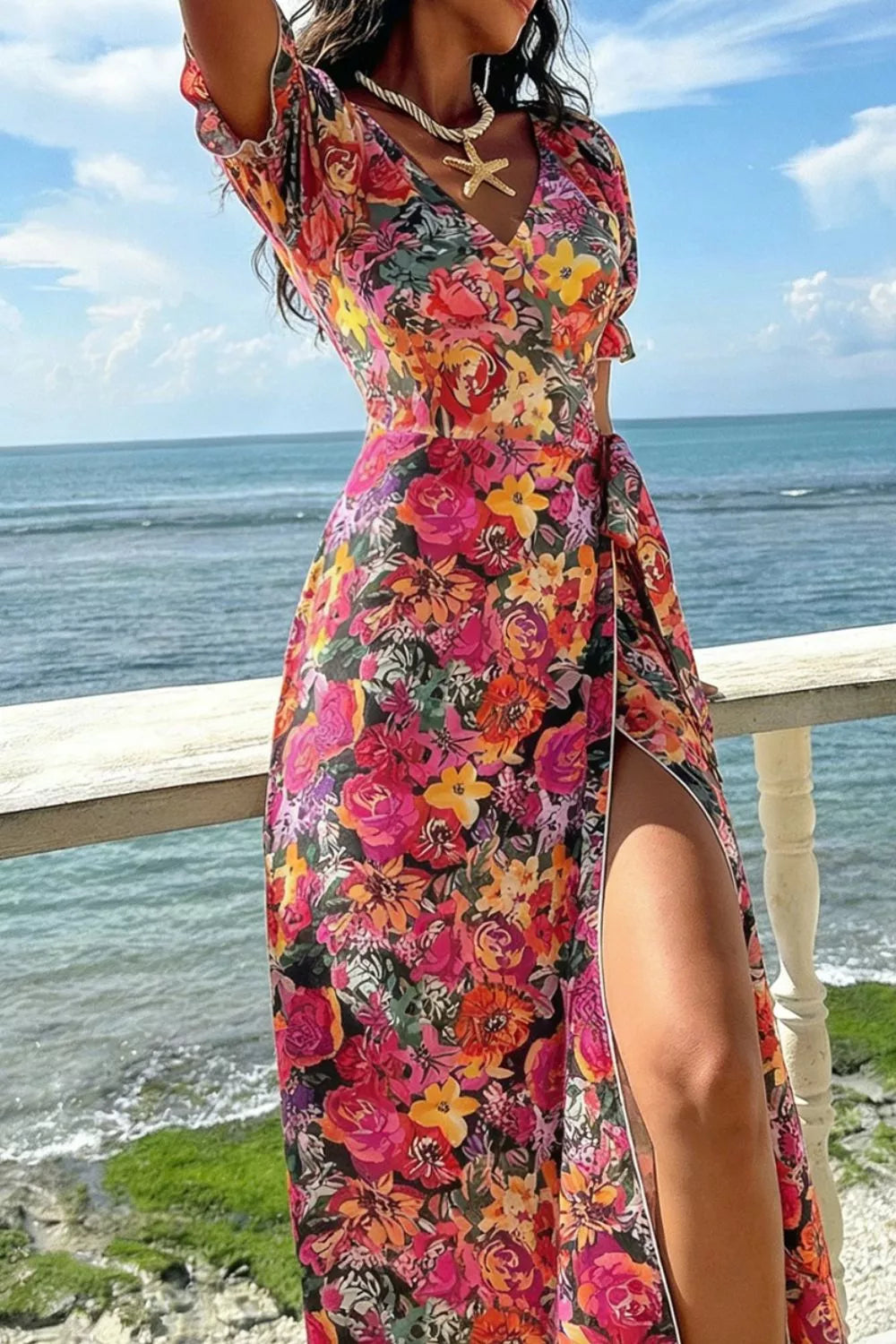 Slit Floral Short Sleeve Maxi Dress
