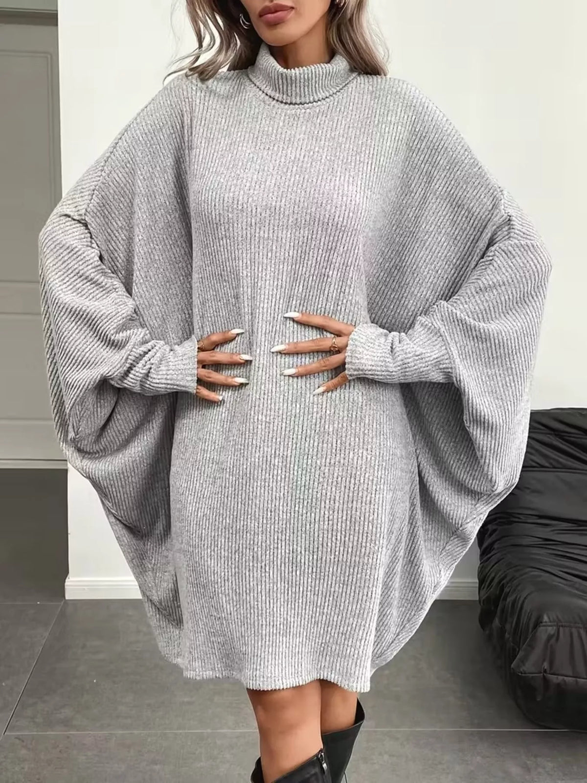 Oversized Batwing Sleeve Ribbed Knit Turtleneck Dress