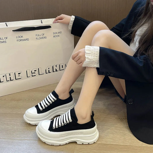 Canvas Lace Up Mid-Heel Platform Sneakers