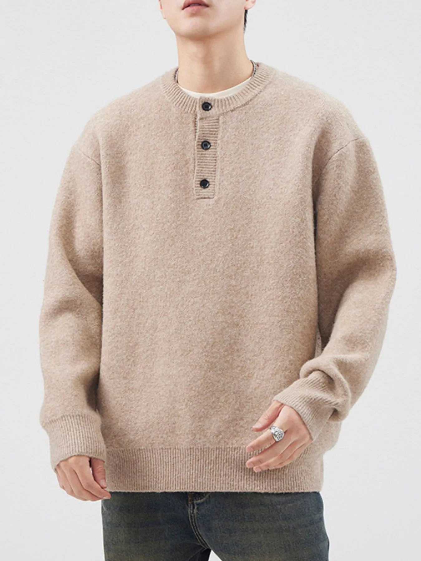 Men's Plus Size Button Detail Ribbed Hem Sweater