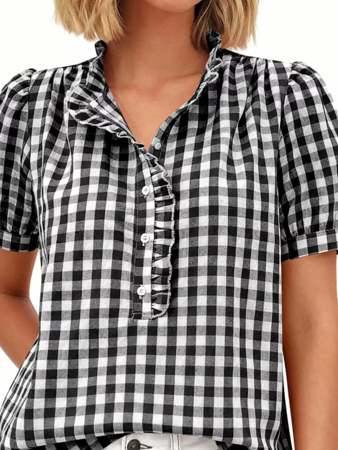 Gingham Button Front Puff Sleeve Blouse
