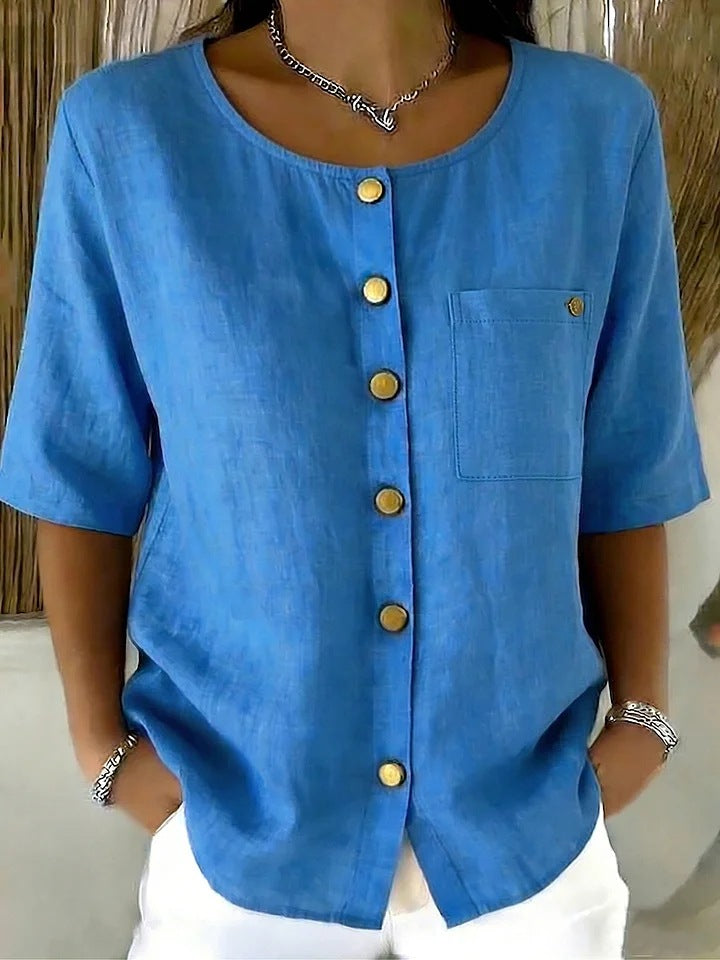 Crew-Neck 3/4 Sleeve Shirt with Metal Buttons – 7 Colors, S–3XL