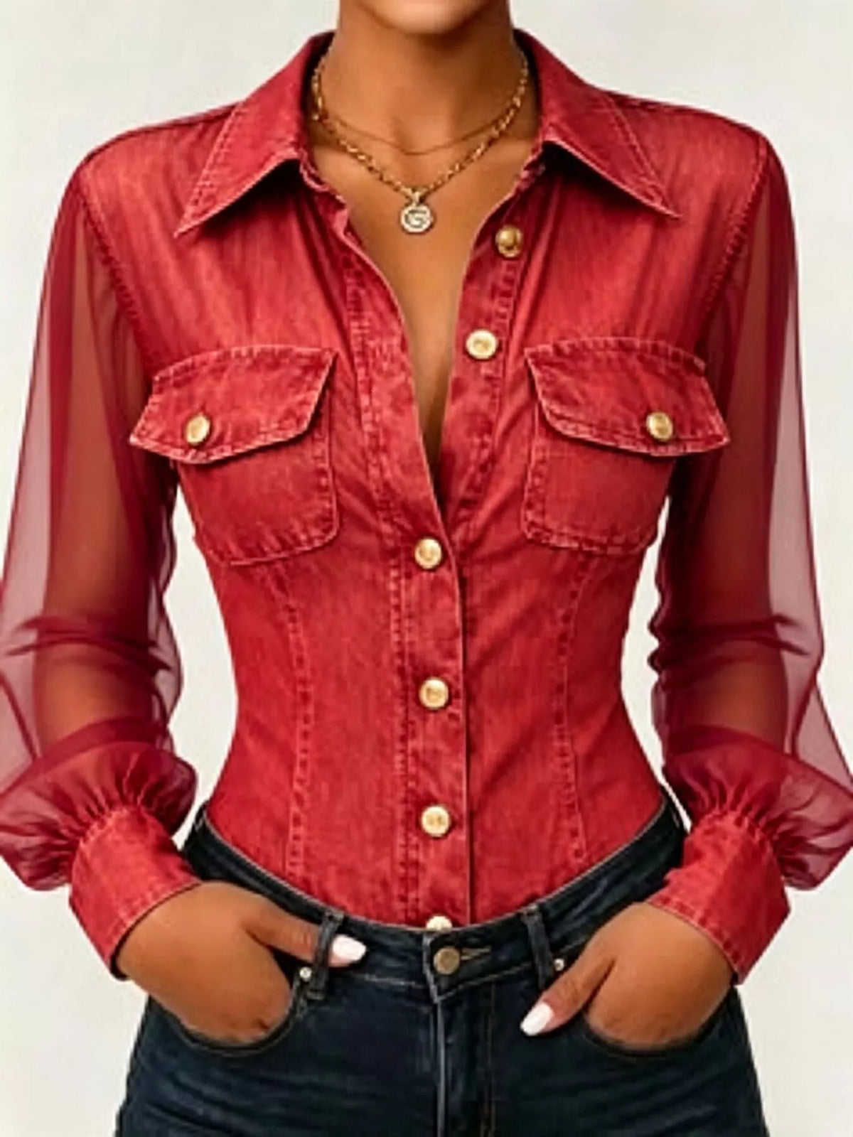 Full Size Slim-Fit Sheer Mesh Long Sleeves Shirt Plus Size