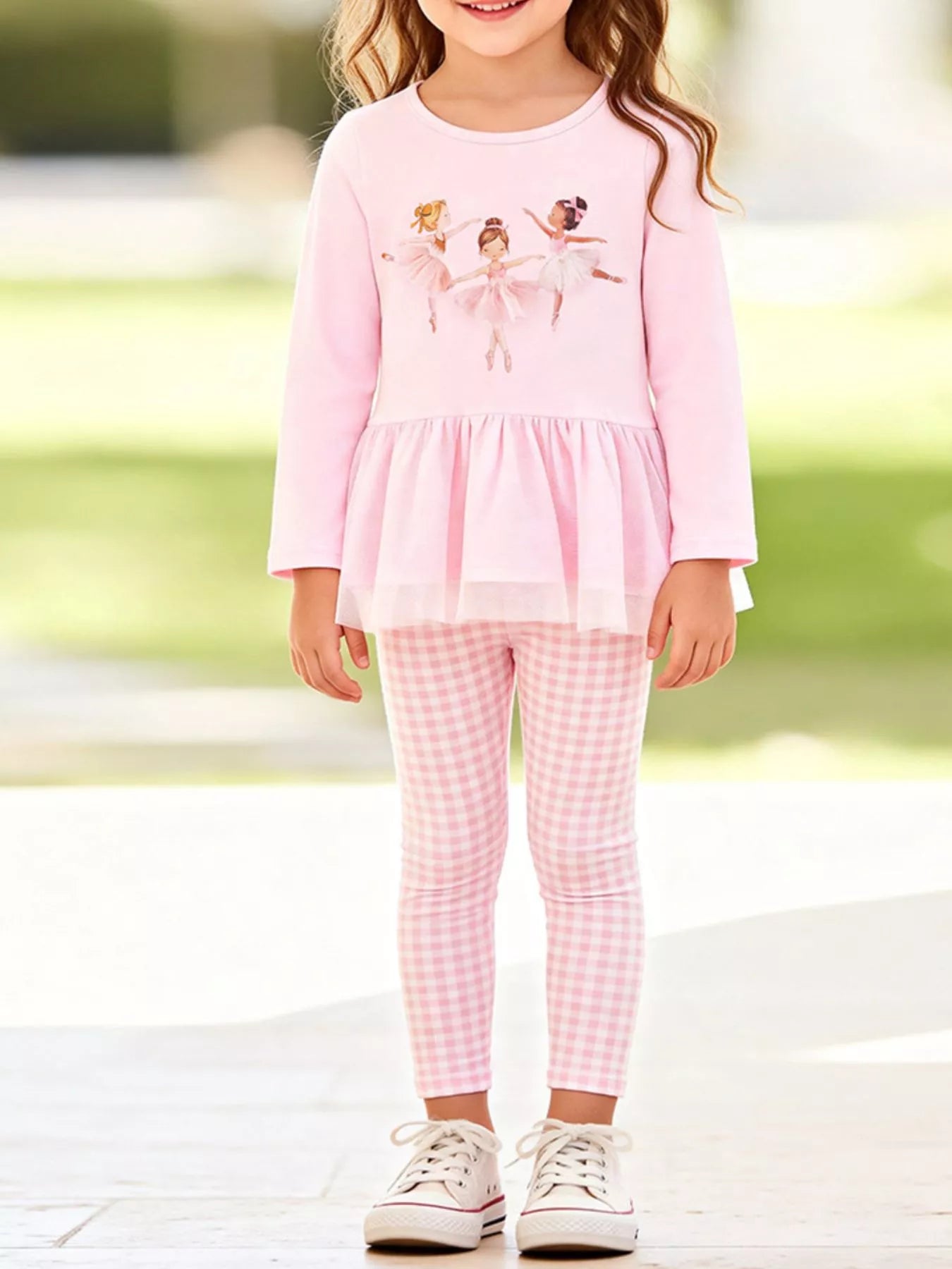 Children's Ballet Dancer Print Peplum Top and Gingham Leggings Set