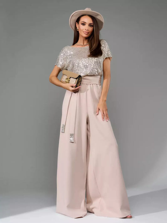 Full Size Sequin Short Sleeve Wide Leg Jumpsuit Plus Size
