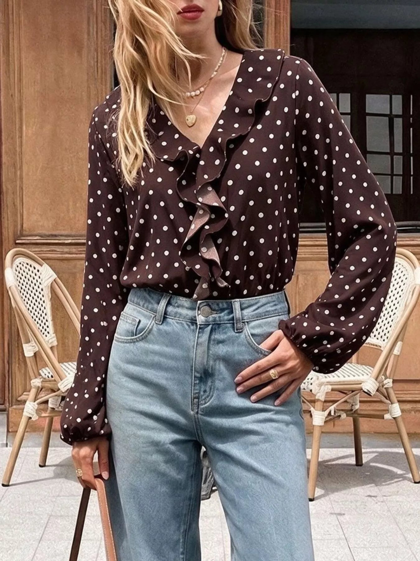 Polka Dot Ruffled V-Neck Bodysuit