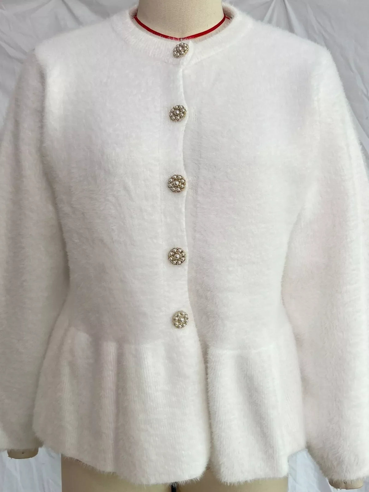 Fuzzy Peplum Cardigan with Pearl Buttons