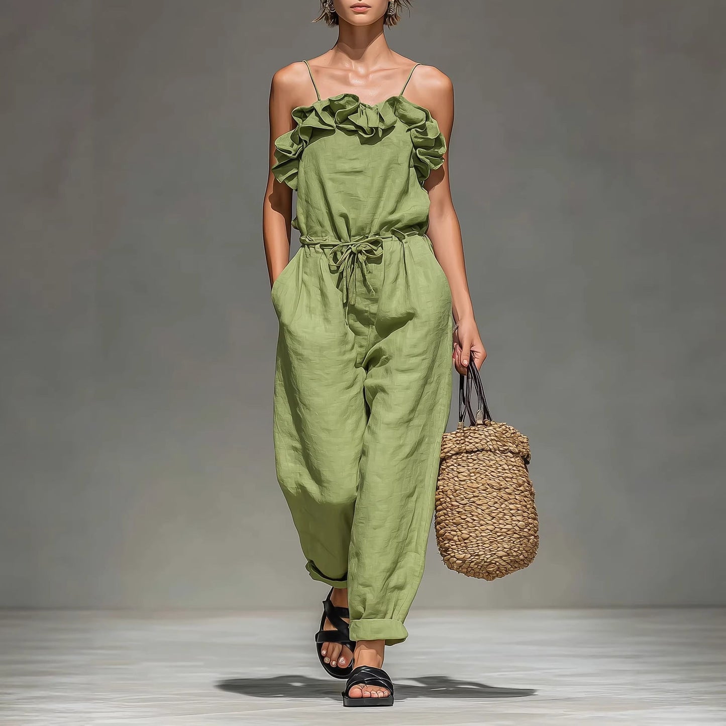 Women's Off-Shoulder Ruffle Wide-Leg Cropped Jumpsuit – Elastic Waist