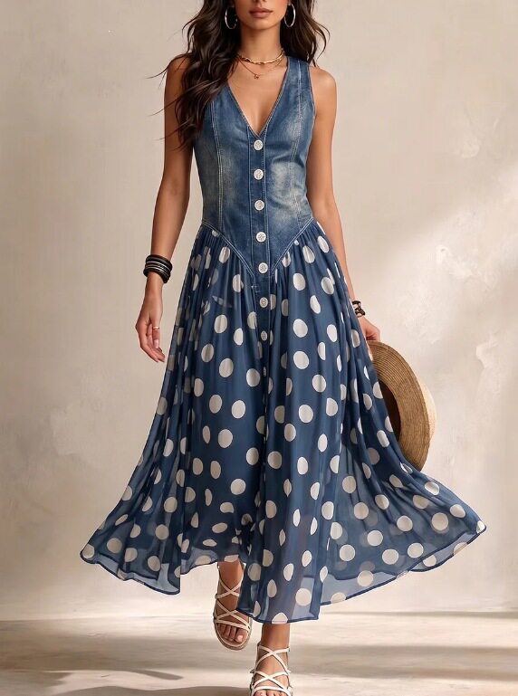 Denim Bodice Polka Dot Chiffon Skirt Sleeveless Midi Dress