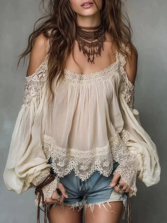 Lace Trim Cold Shoulder Blouse