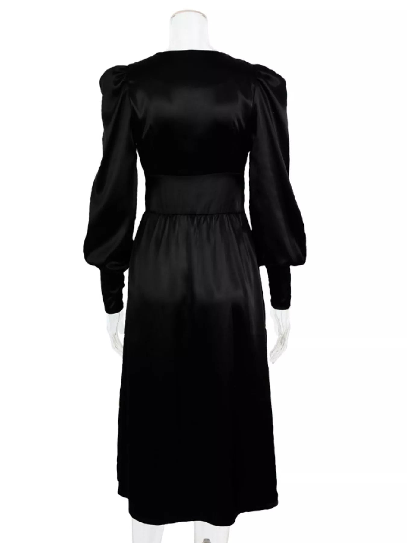 Elegant V-Neck Puff Sleeve Button-Down Midi Dress