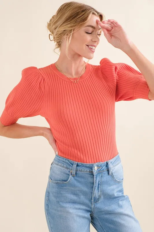 And The Why Puffed Half Sleeve Rib Basic Bodysuit